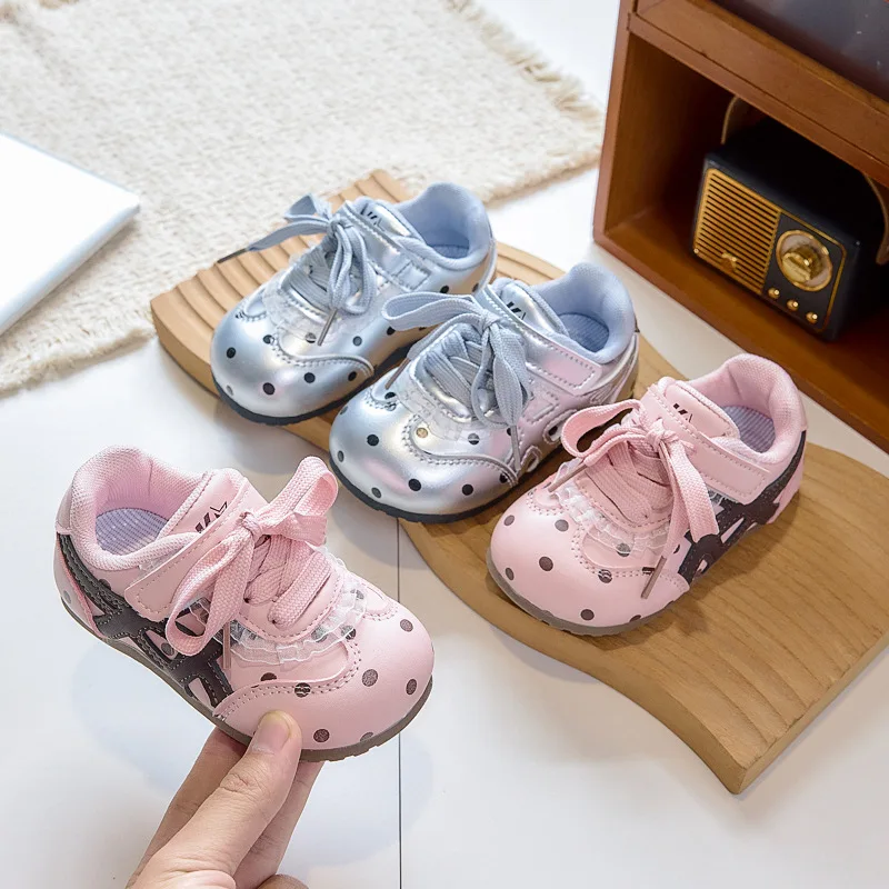2026 Children's Anti-slip Pink Sport Shoes Spring New Style Baby Girls Sneaker Trendy Leather Upper Rubber Sole Comfortable