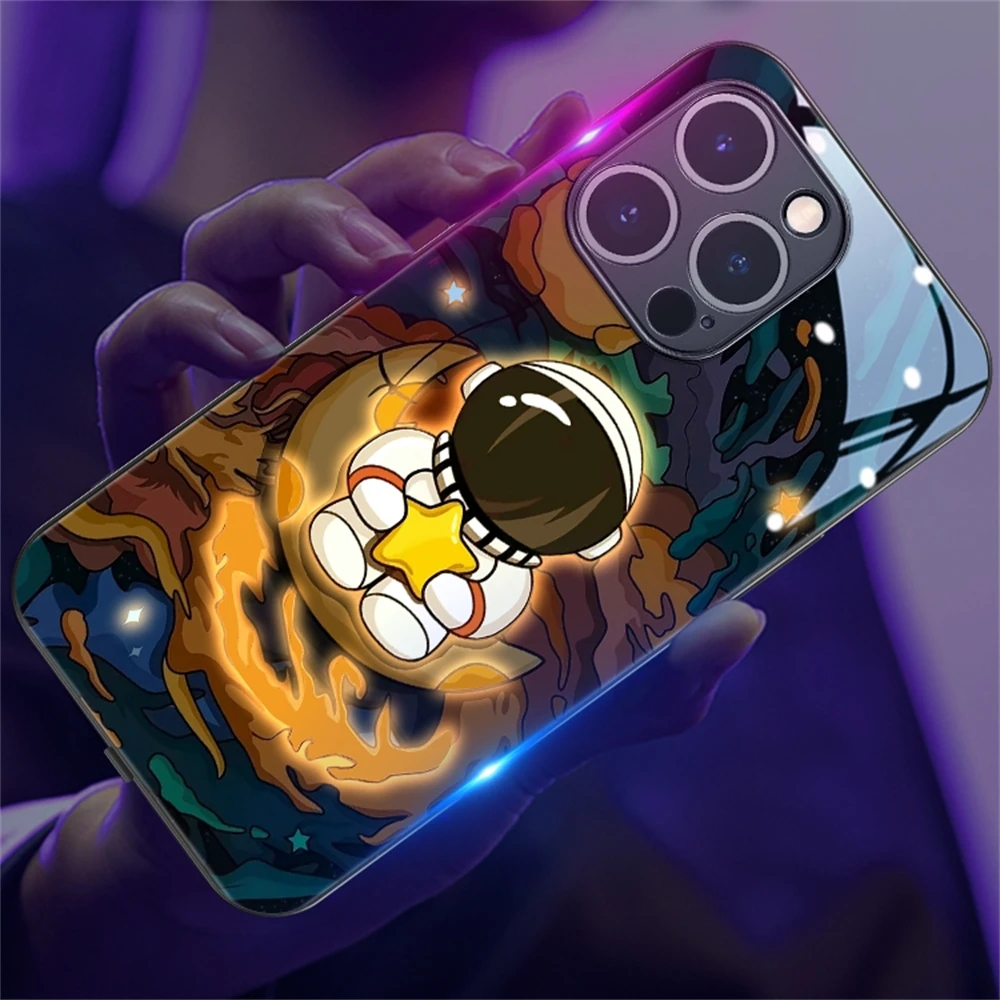Cartoon Astronaut Design Smart LED Light Glow Tempered Glass Phone Case For Samsung S26 S25 S24 S23 S22 S21 S20 FE Plus Ultra
