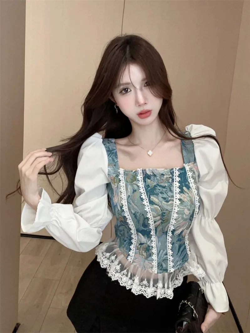 Vintage French Women Shirts Lace Lolita Elegant Long Sleeve Flounce Blouse High Quality Office Lady New Fashion Chic Female Tops