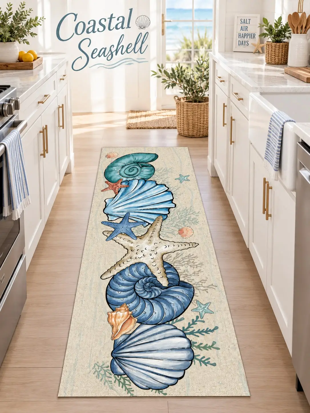 Seashell and Starfish Aisle Runners Seaweed Coastal Shore Long Carpet Runner Rugs for Hallway Entryway Kitchen Laundry Room Bedroom Living Room Indoor Floor Mat Home Decor Gift for Family Friends Birthday Anniversary Corridor Seasonal Decoration