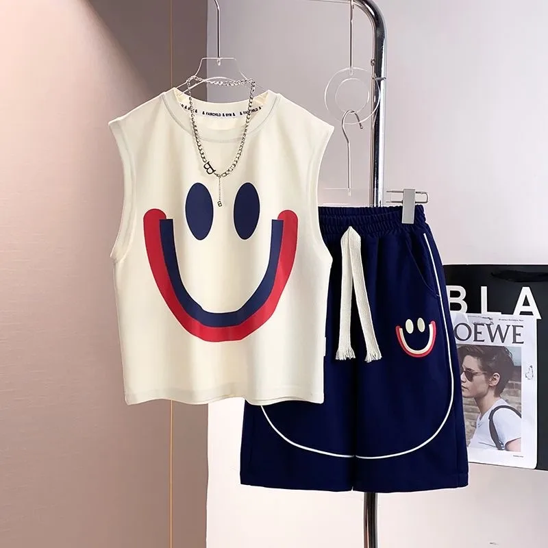 

Girls Summer Casual Sports Smiling Face Print 2pcs T-shirts+pants Suits 4-14 Years Girls Trend Outfits Kids Sets Clothes