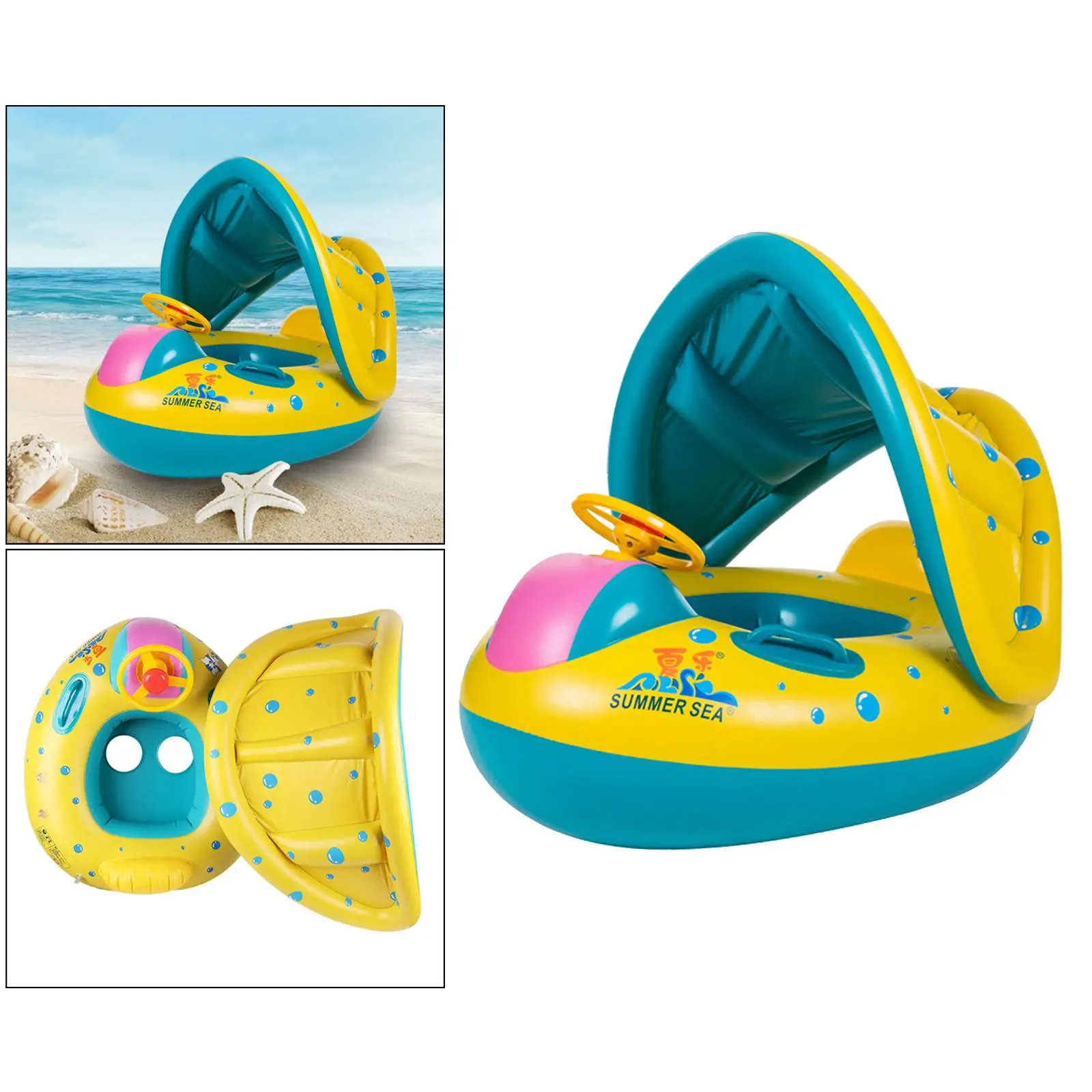 Durevole anello da nuoto per bambini, zattera galleggiante, sedile grande con baldacchino regolabile
