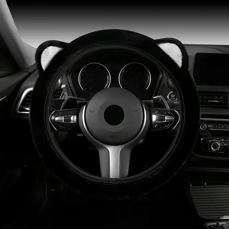 Winter Non-slip Steering Wheel Cover Soft Warm Plush Steering Cover Cute Stretchy Cat Ears Steering Wheel Cover for Car Steering
