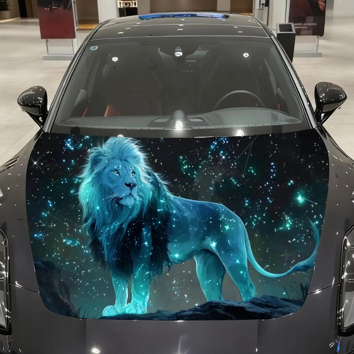 Fantasy Blue Stellar Style Star Lion Car Vinyl Wrap, PVC Material Waterproof Car Hood Sticker, Self-Adhesive Scratch-Resistant S