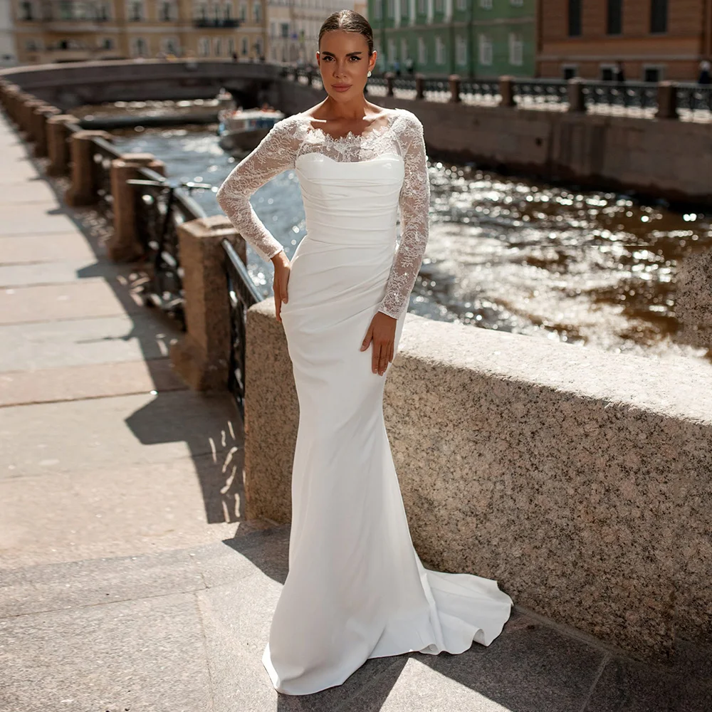섹시한 웨딩드레스 머메이드 맞춤형 레이스 긴 소매 스쿱넥 플리츠 스윕 트레인 여성 신부 드레스 베스티도 데 노이바