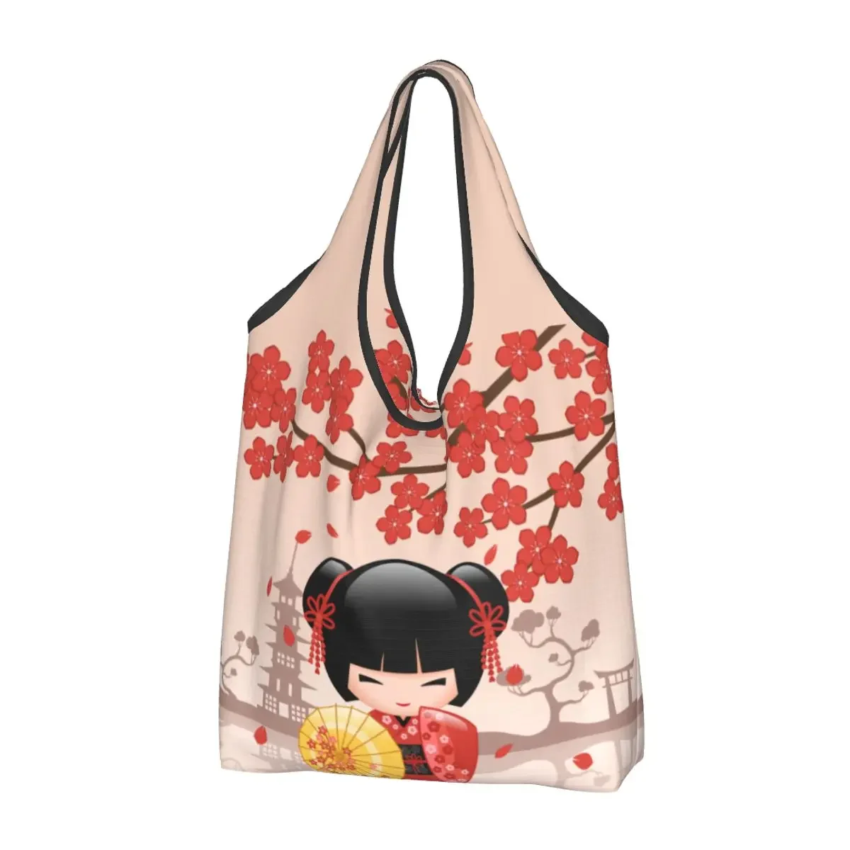 

Reusable Japanese Sakura Kokeshi Doll Shopping Bag for Groceries Foldable Grocery Bags Washable Large Tote Bags