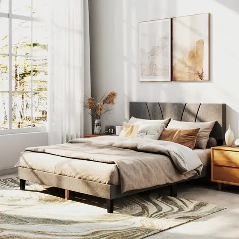 Marco de cama tamaño queen de EE. UU. con listones, marco de cama tamaño queen, elegante marco de cama de madera resistente con cabecero de listones para dormitorio