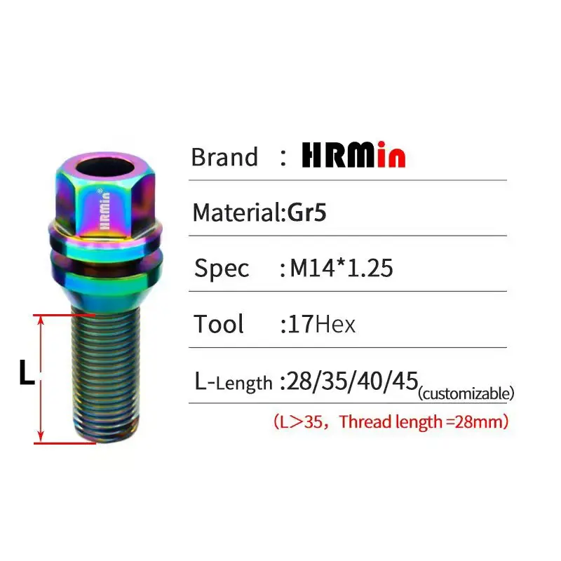 

HRMin titanium lug bolt M14*1.25*28-45mm Gr.5 titanium Cone seat free washer never rust wheel hub bolt for BMW Mini Racing