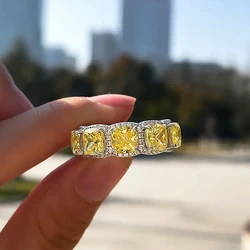 Huitan Luxury Trendy Yellow Cubic Zircon Rings for Women New Fashion Finger Accessories Wedding Party Temperament Female Jewelry