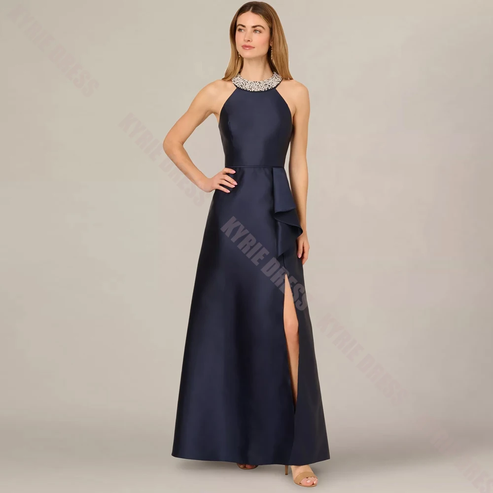 Fashion Mother of The Bride Dresses Customized Beading Halter Neck Pearls Sleeveless Slit Wedding Guest Dress Party Evening Gown