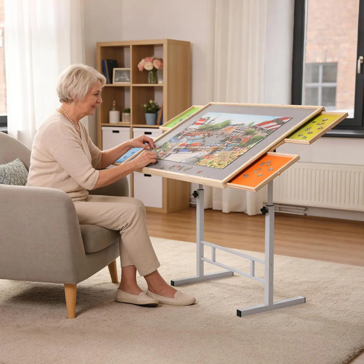 Adjustable Puzzle Table with Drawers & Wooden Cover, 1500 Pieces | 35 x 26 in Jigsaw Board with Legs, 24.4-34.6 in Height, Tilti - view 2