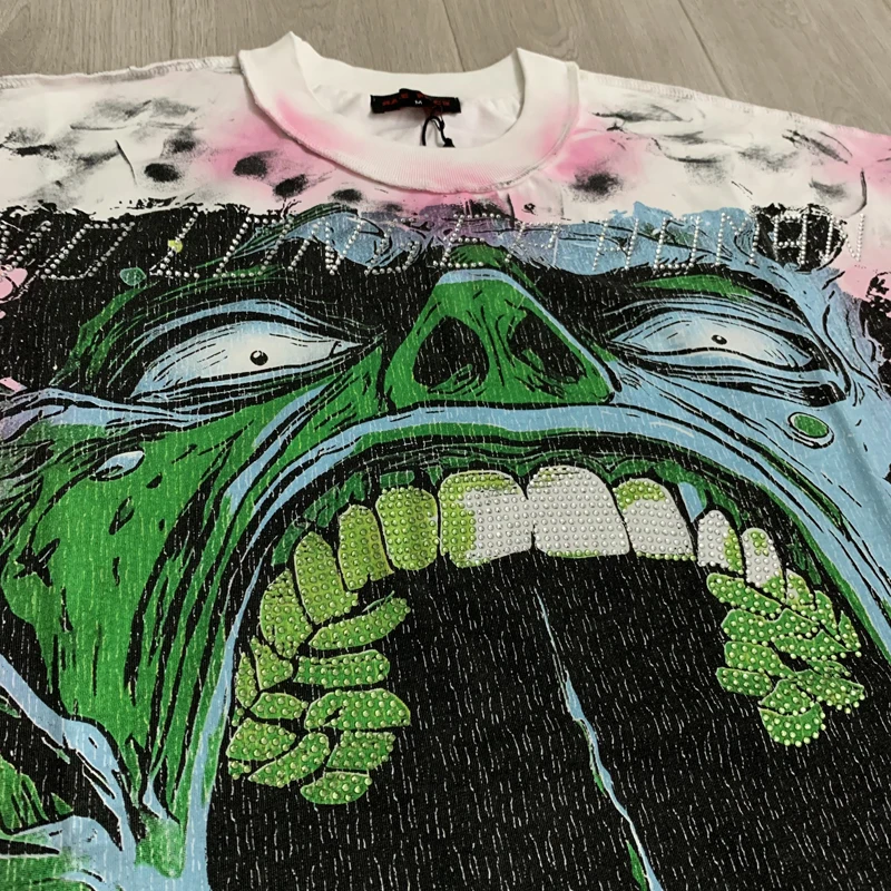Summer Street Oversize Rhinestone Short Sleeve RARE PEACE T-shirt Men Women Cotton Green Venom Tooth Pattern Short Sleeve Tops