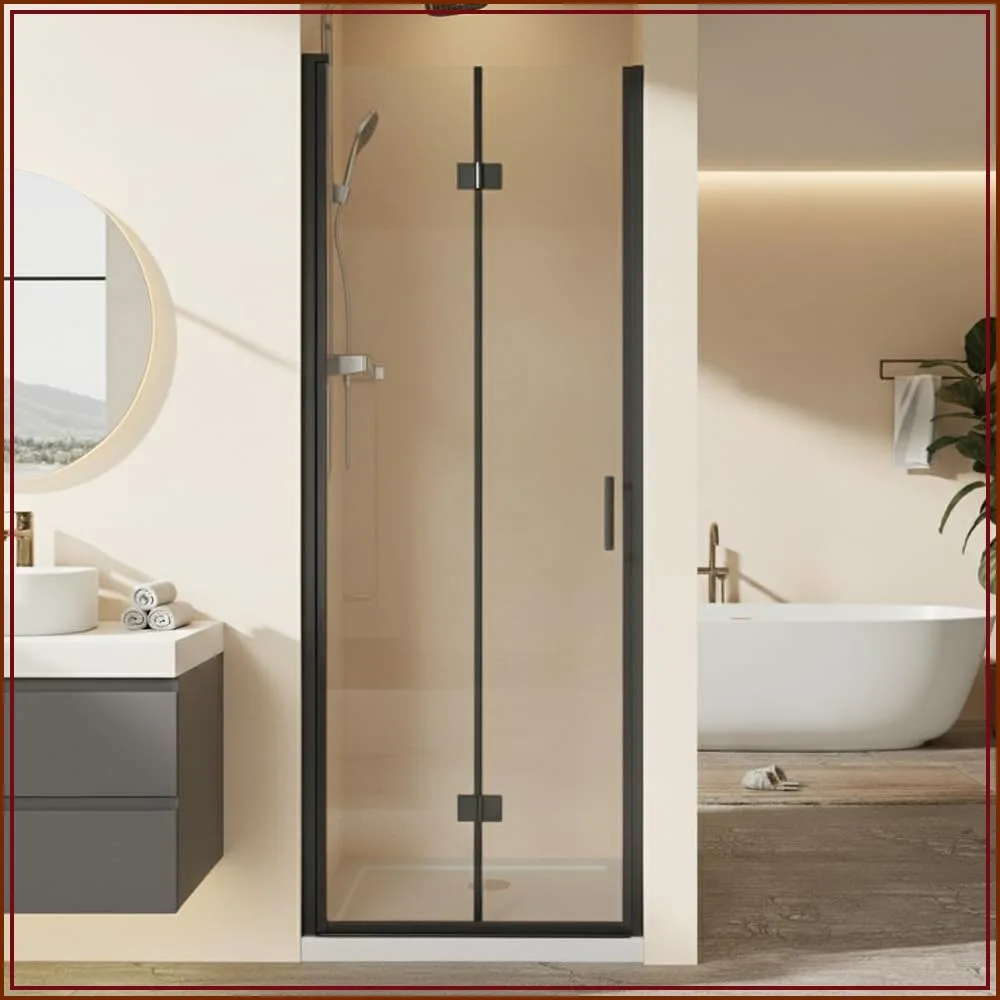 30 Inch Pivot Shower Door Semi-Frameless Swing Hinged Bi-Folding Tempered Glass Cubicle Black