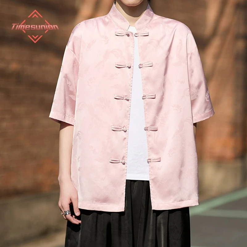 

Pink Jacquard Men's Shirts Chinese Style Tang Suit Shirts for Man Disc Buckle Summer Short-sleeved Shirt