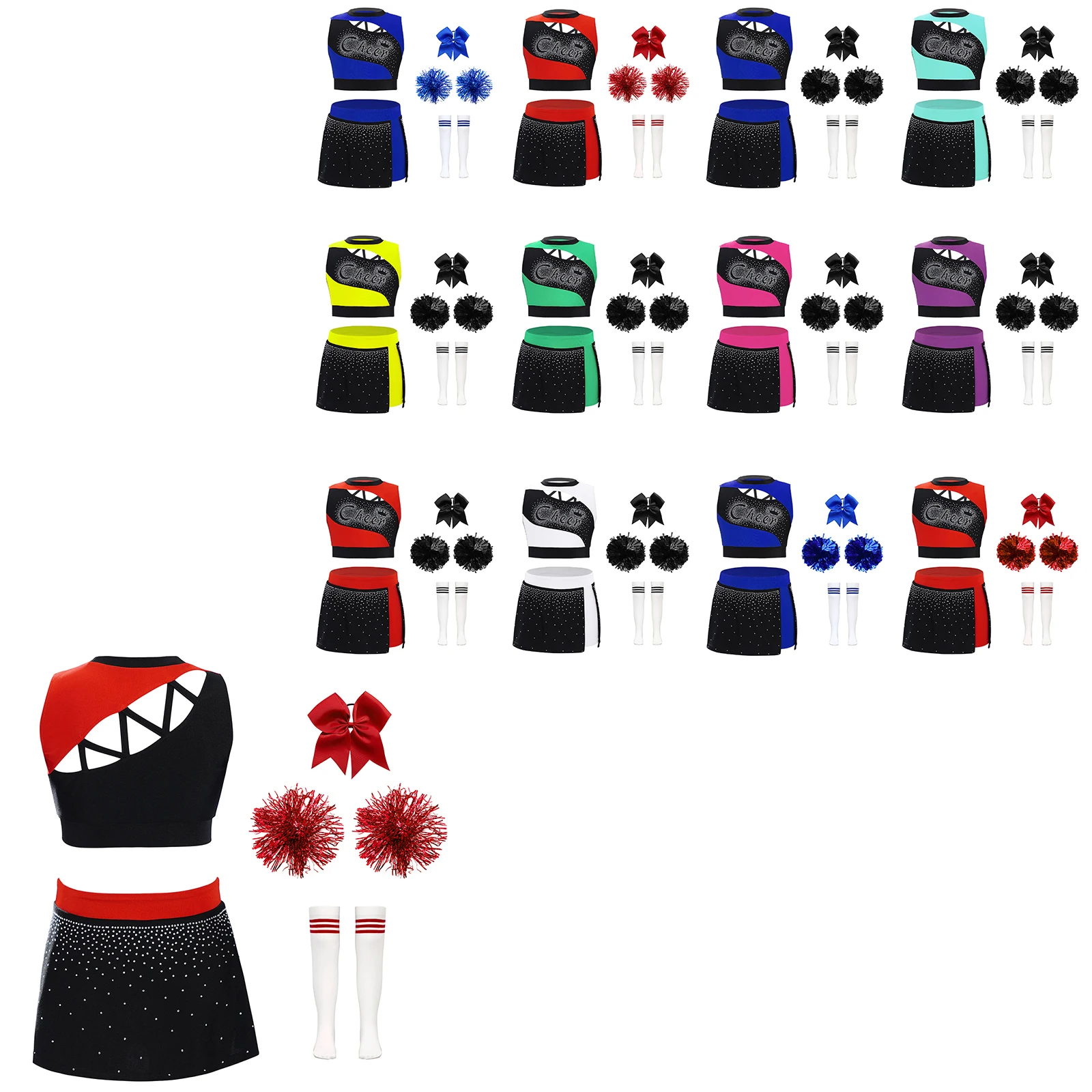 Kids Cheerleader Sets School Girls Cheer Dance Costumes Cheerleading Performance Outfit Cutout Crop Top with Skirt Flower Balls