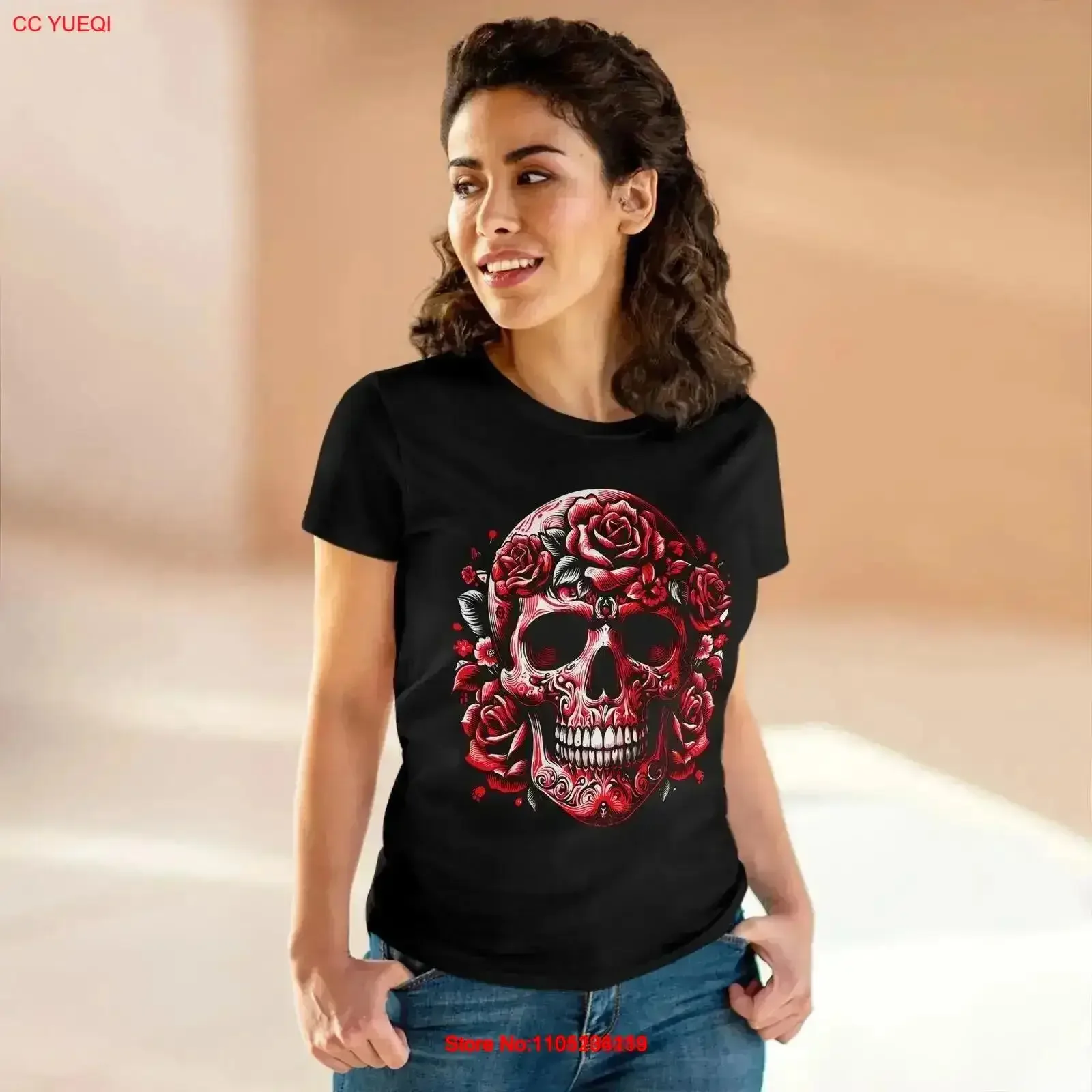 Demon Skull Floral Women's Midweight Cotton T Shirt vintage Washed Versatile fashion Slightly streetwear Comfortable Stylish