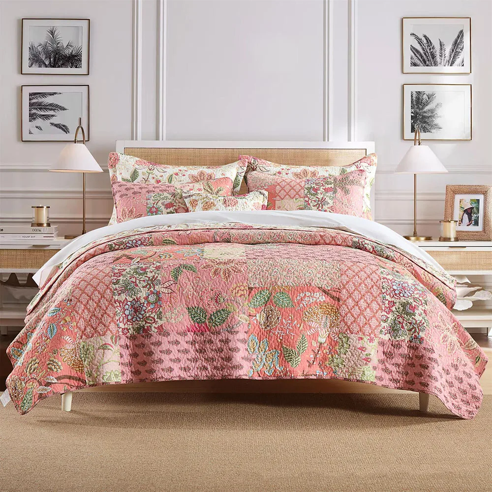 

CHAUSUB Patchwork Cotton Quilt Set 3PCS Bedspread on the Bed Oversize Pastoral Quilted Coverlet King Size Summer Comforter Set