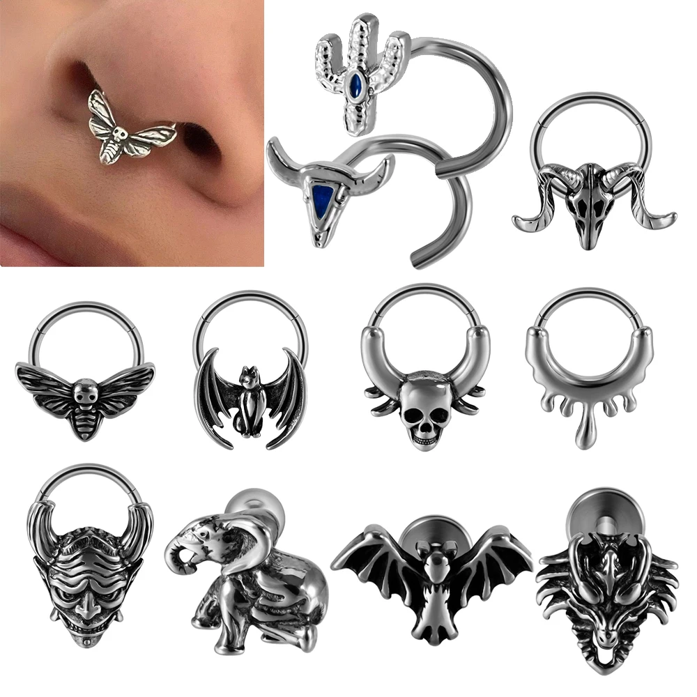 1PC Punk Skull Bee Bull Bat Water Melt Black Olil Drip Nose Septum Piercing  Surgical Steel Labret Lip Conch Helix Lobe  Earring