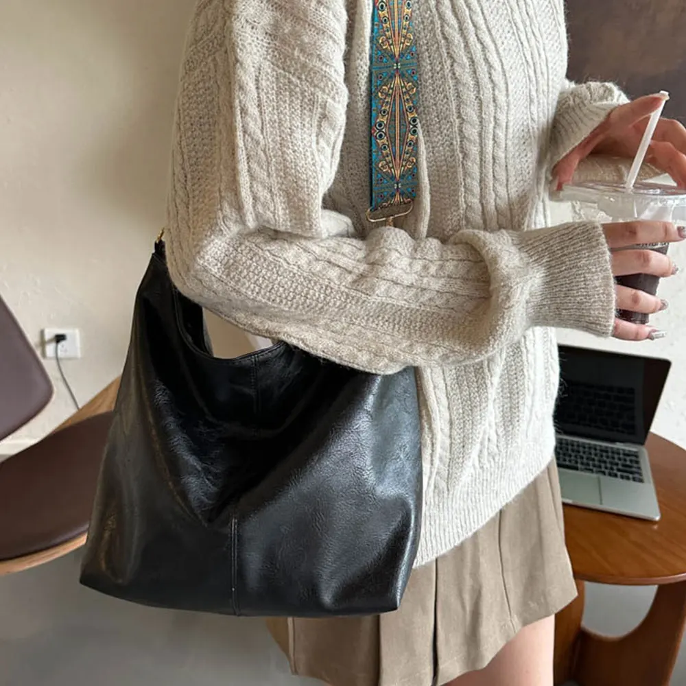 Damen Vintage PU-Leder Schultertasche Große Kapazität Hobo-Tasche Lässige Umhängetasche Tägliche Pendler-Einkaufstasche in Unifarbe – Detail 6