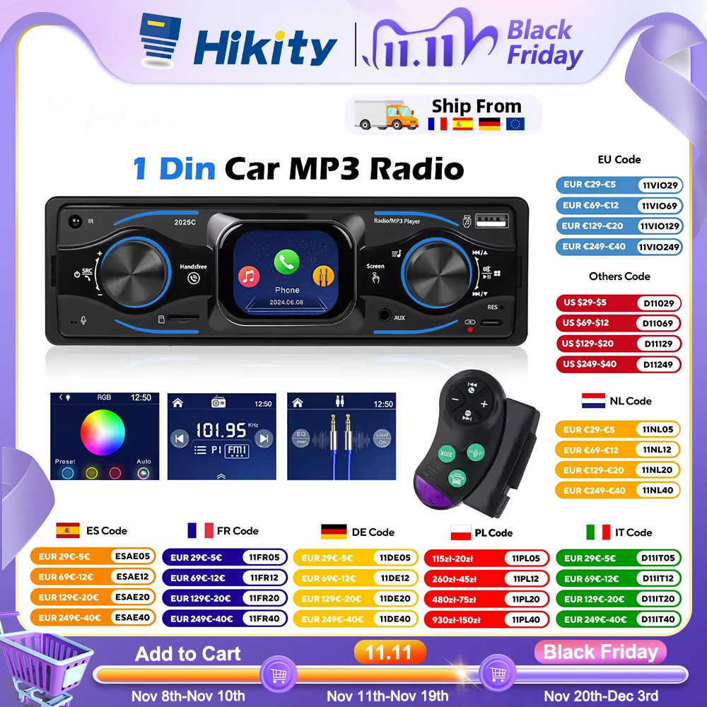 Hikity 2.17 "سيارة ستيريو 1DIN سيارة مشغل Mp3 الرقمية بلوتوث الصوت مع جهاز التحكم عن بعد الموسيقى ستيريو راديو السيارة أضواء ملونة #1