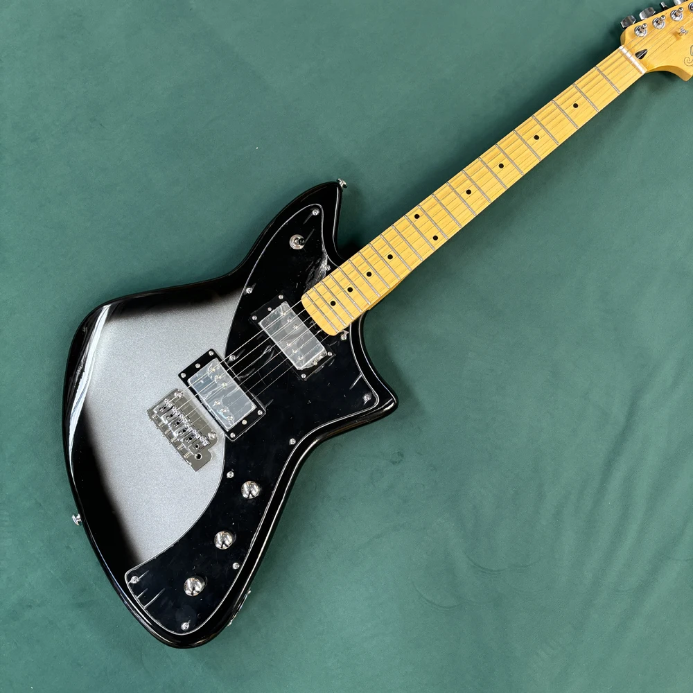 

Электрогитара в форме инопланетянина, серебристо-черная, 6-струнная, с кленовым грифом, с двойными звукоснимателями, рок-гитара.