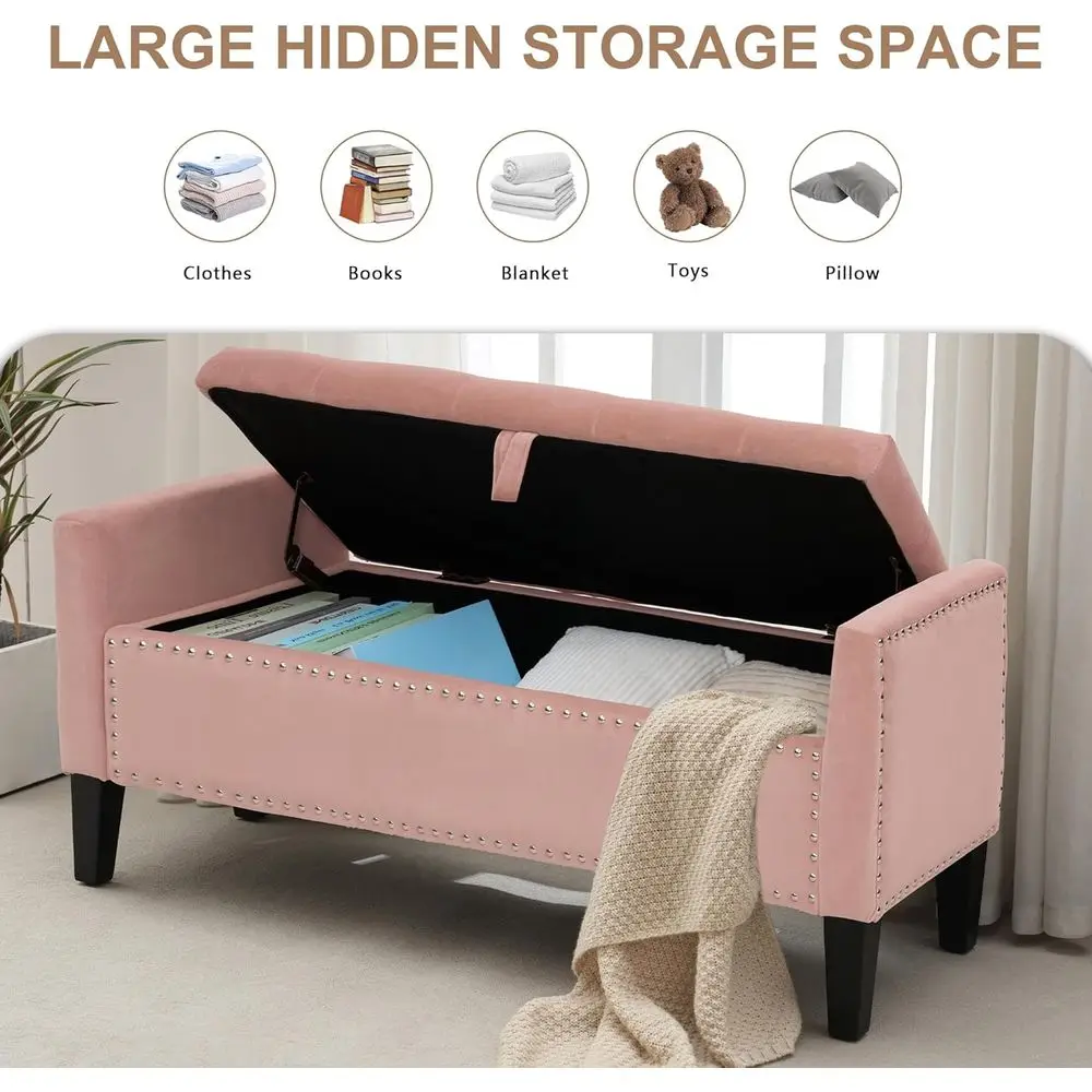 Pink Velvet Storage Ottoman with Button-Tufted Upholstered End of Bed Bench for Living Room, Bedroom, or Entryway view 3