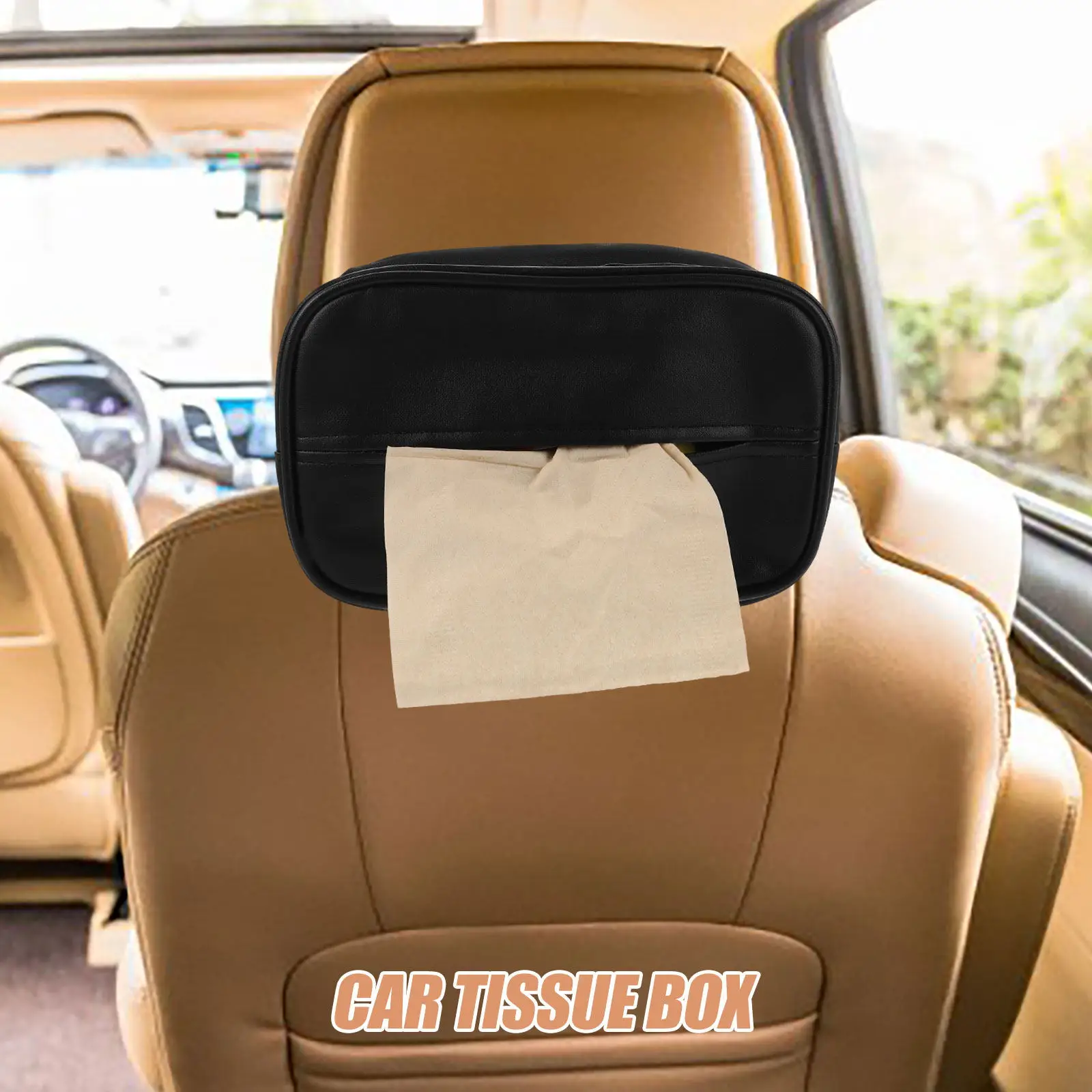 Car Tissue Box Holder PU Napkin Cover Rectangle 8.6x5.5x2.4 Inch Quick Release Buckle for Automotive Interior Armrest