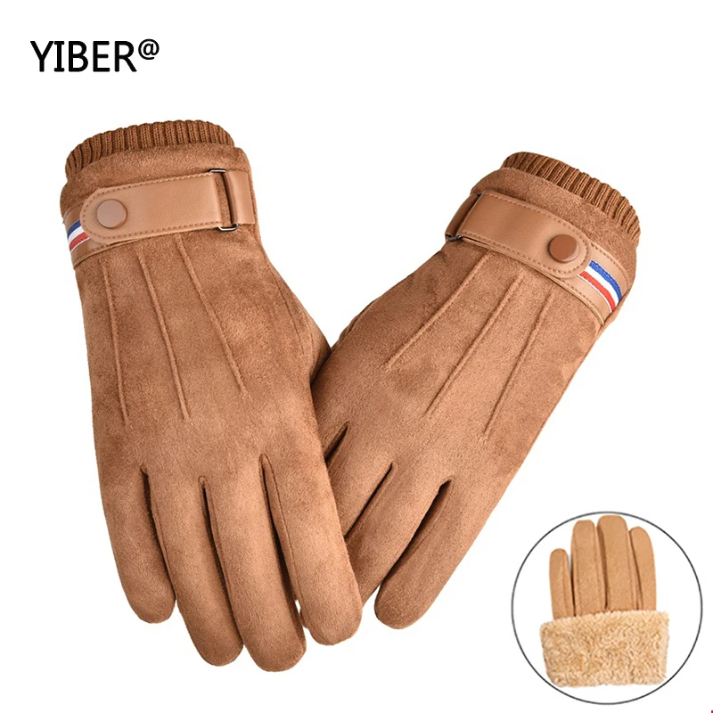 Gloves male Touch Screen Suede driving Warm Gloves Outdoor Cycling Thickened Buckle Male Driving Windproof Mittens Gloves