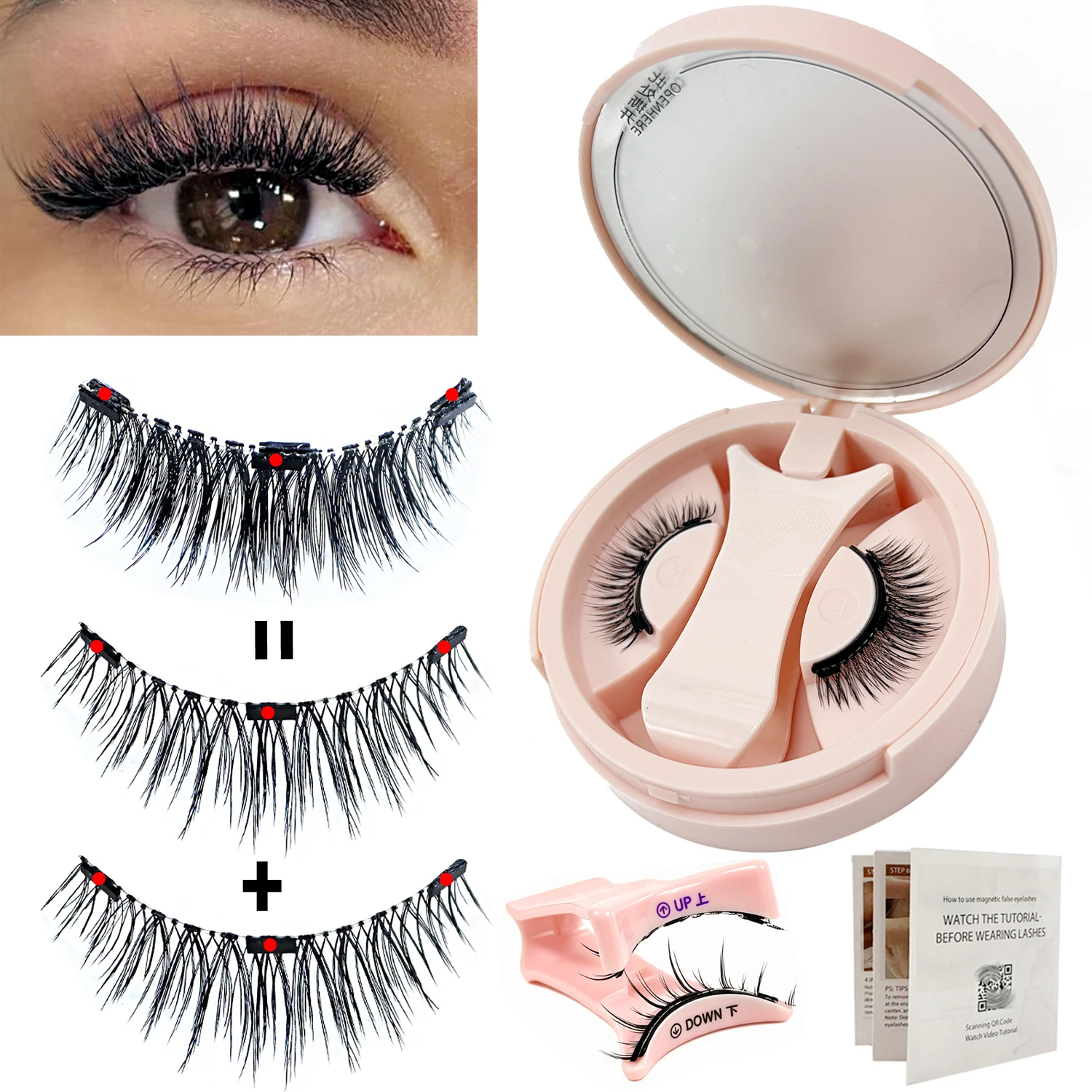 3Pcs Magnetic False Eyelashes With Mirror Case Tweezers Natural Fluffy Mink Lashes No Glue Magnetic Lash