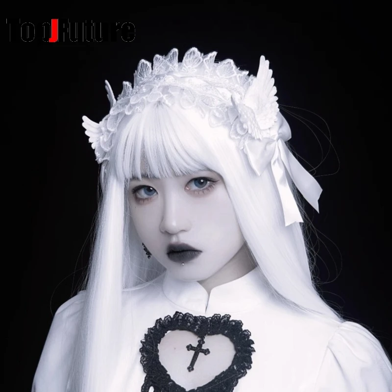 Streetwear Y2k Girl Women Gothic Lolita Cosplay Harajuku Punk Steampunk Lace Cross Hairbands Hairband White angel wing Eye Mask