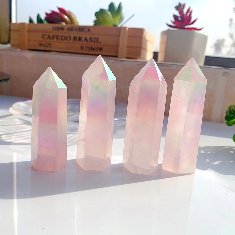 Natural Healing Chakra Crystal Electroplate Rainbow Aura Rose Quartz Point Wand Reiki Hexagon Column Fengshui Crafts Home Decor