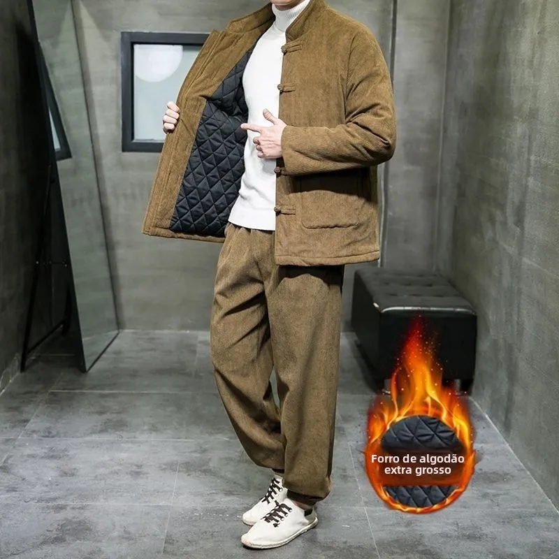 暖かい綿ジャケットとパンツセットヴィンテージ中国風コーデュロイボタンアップメンズ冬服長袖無地