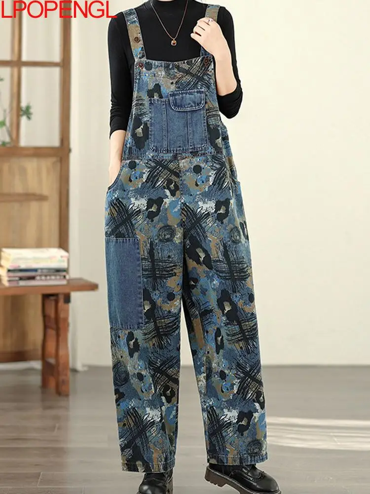 

Personalized Retro Printed Jeans Temperament Pocket Fashion 2026 Women's Jumpsuit Casual Versatile Streetwear Straight Overalls