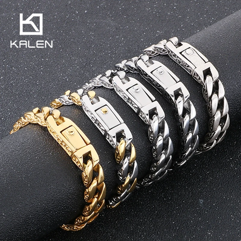 

Kalen Men's Cuban Chain Bracelet 11MM Wide Stainless Steel Bangle Party Jewelry Gold Color Retro Pattern Accessory Wholesale