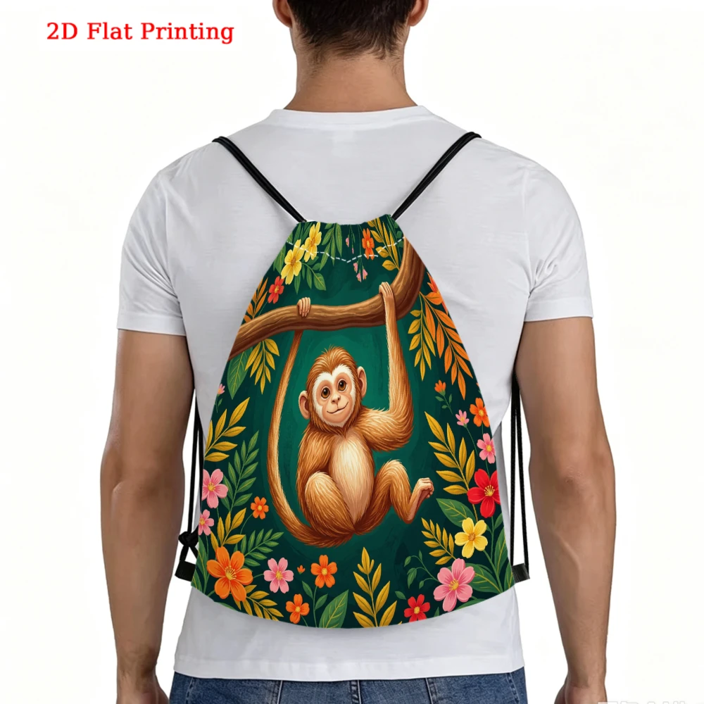 Cute Cartoon Style, Drawstring Backpack, 2D Flat Printing Monkey Pattern, Fitness Sports Bag, Outdoor Travel Drawstring Bag