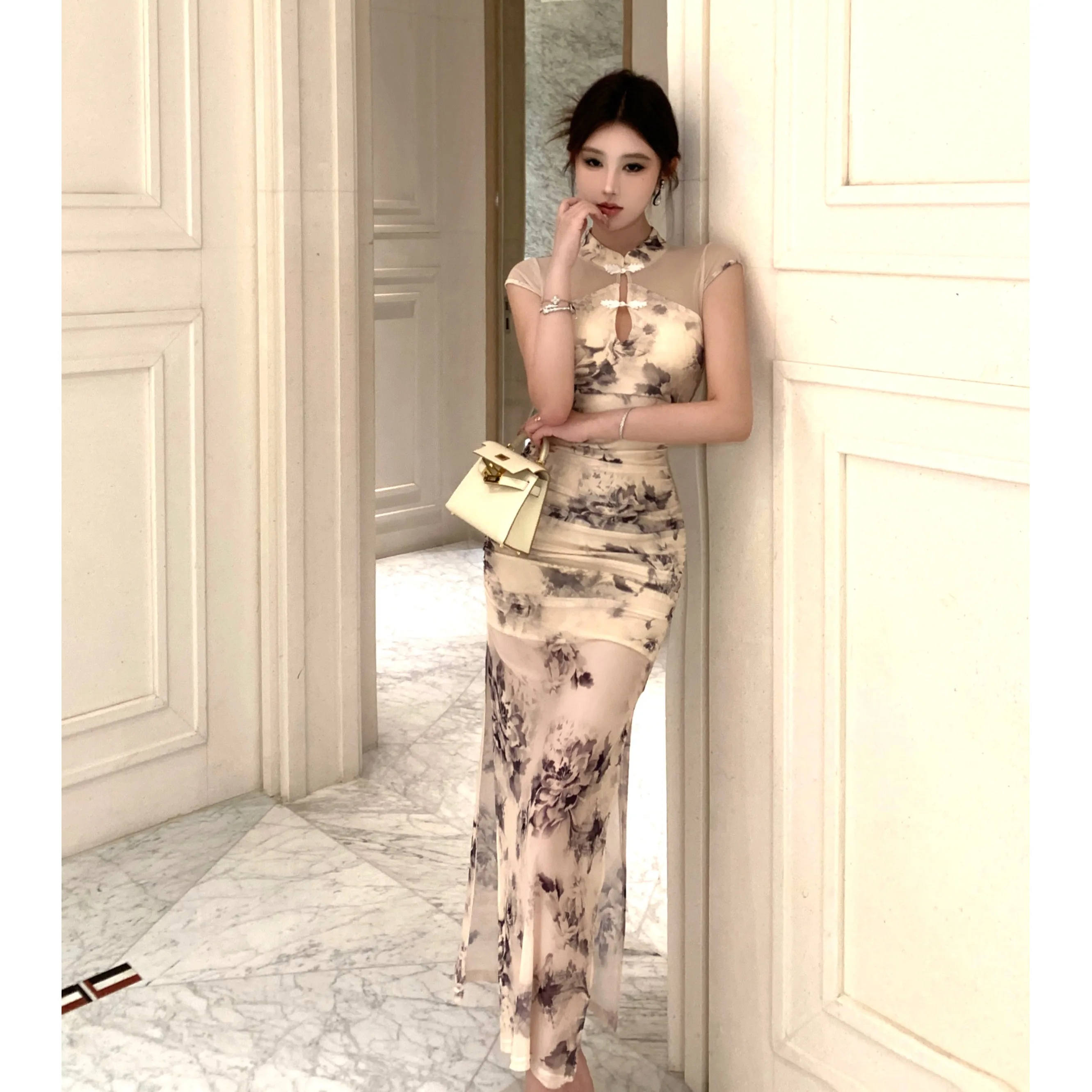 Jupe fendue à imprimé Floral pour femmes, amincissante, nouvelle collection printemps-automne, élégance, col montant ajouré, Midi Dr