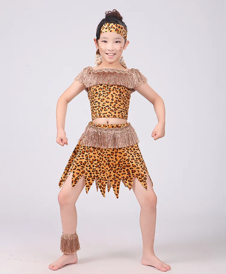 زي أداء الصياد للأطفال ملابس مطبوعة على شكل الفهد الهندي الأفريقي لحفلات الهالوين كرنفال