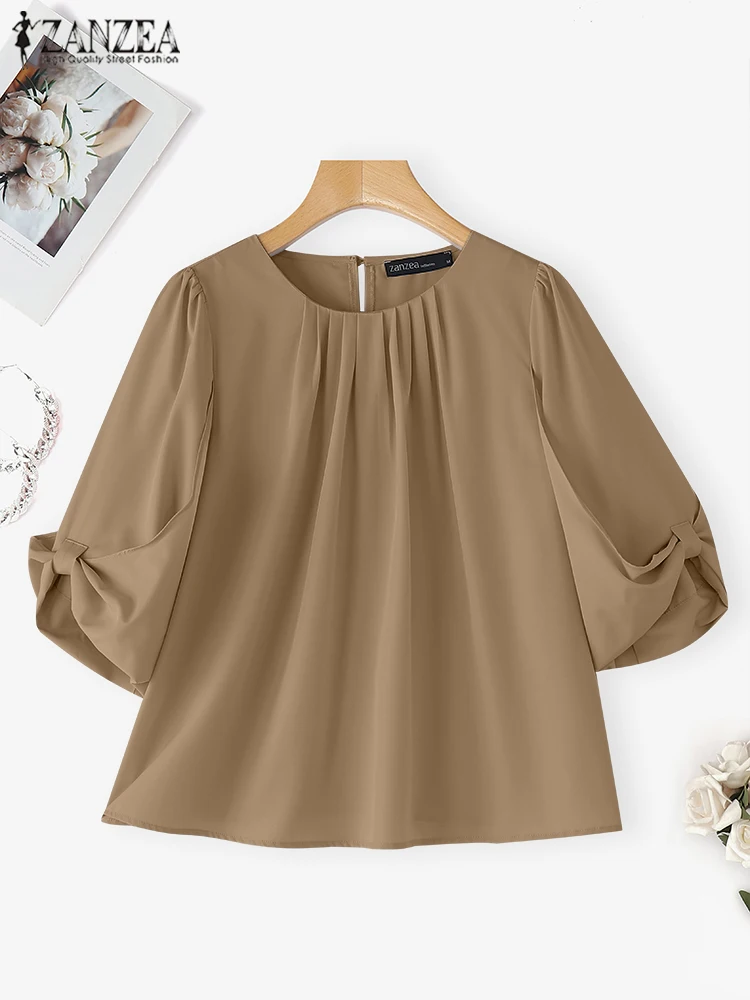 

2025 ZANZEA Summer Fashion Blouse Chiffon Shirts Elegant Office Lady Tops 3/4 Puff Sleeve Solid Color Tunic Pleated Sweet Blusas