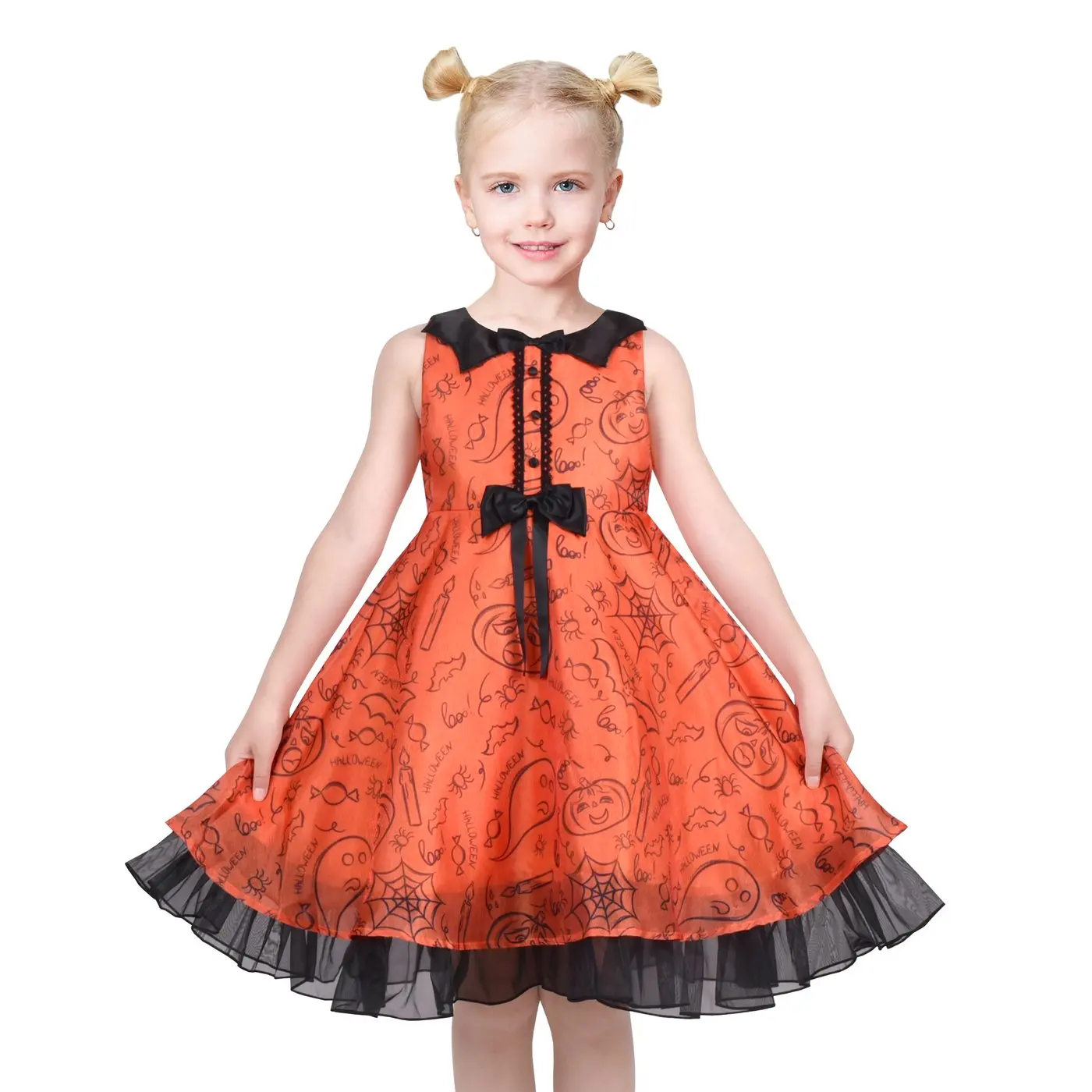 Girls Dress Halloween Bat Collar Orange Ghost Black Ruffle Spider Sleeveless