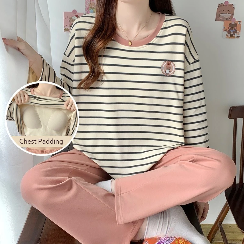 

Antibacterial 100% Cotton Women's Pajama Set Chest Padding Long Sleeve Perfect Spring Autumn Versatile Loungewear XXL Size 2PCE
