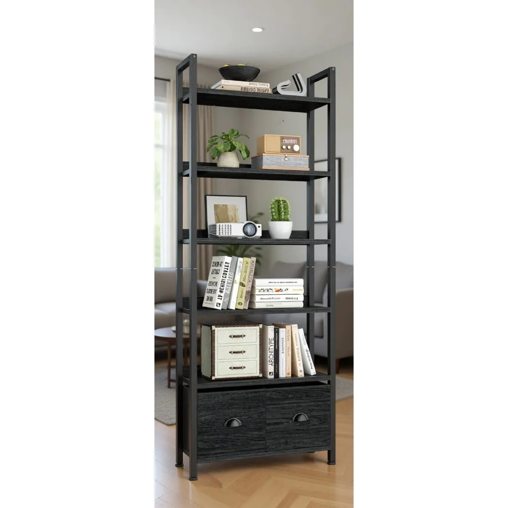 6-Tier Tall Bookcase with Drawers, Industrial Style Storage Organizer for Home Office and Bedroom