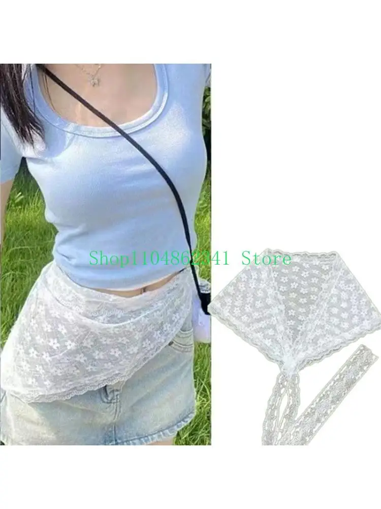 

652F Elegant Lace Trimmed Waist Cincher Tie Headscarf Detachable Mesh Skirt Panel And Multifunctional Scarf