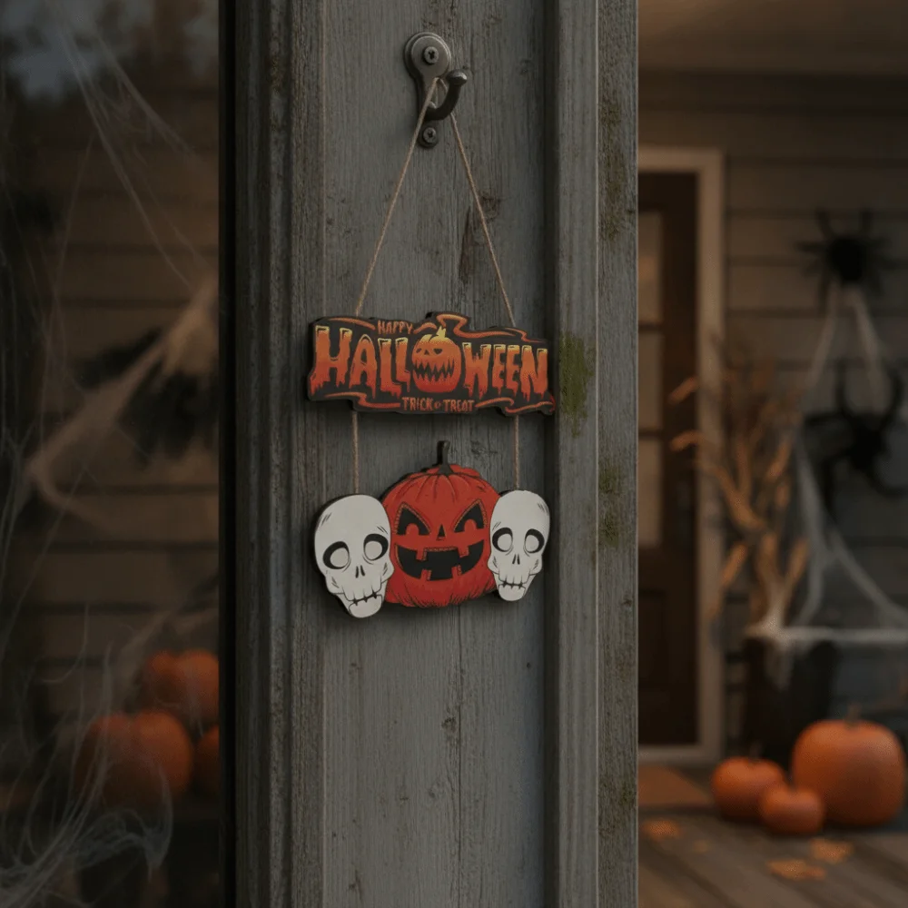 Wooden Halloween Ghost Door Sign Cartoon 2D Flat Haunted House Hanging Door Plate with Lanyard Halloween Pumpkin Welcome Sign