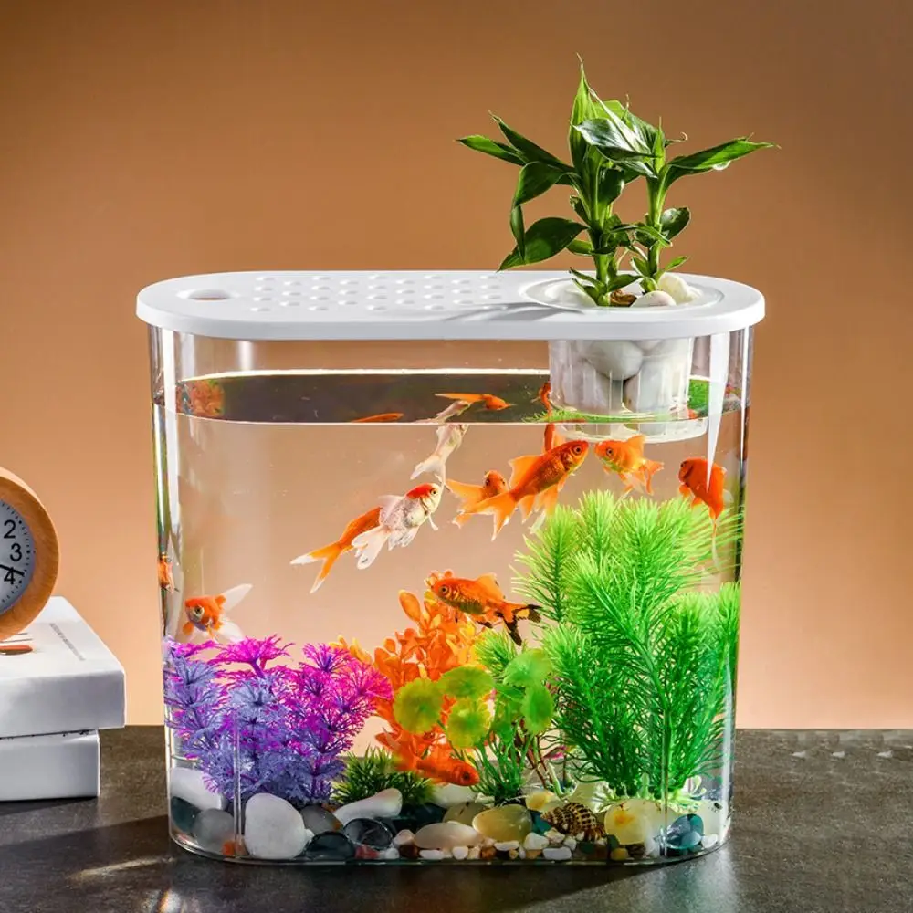 Goldfish Tank Shatterproof Aquaponic Fish Bowl Transparent Plastic Plastic Hydroponic Fish Tank with Cover Oval Living Room