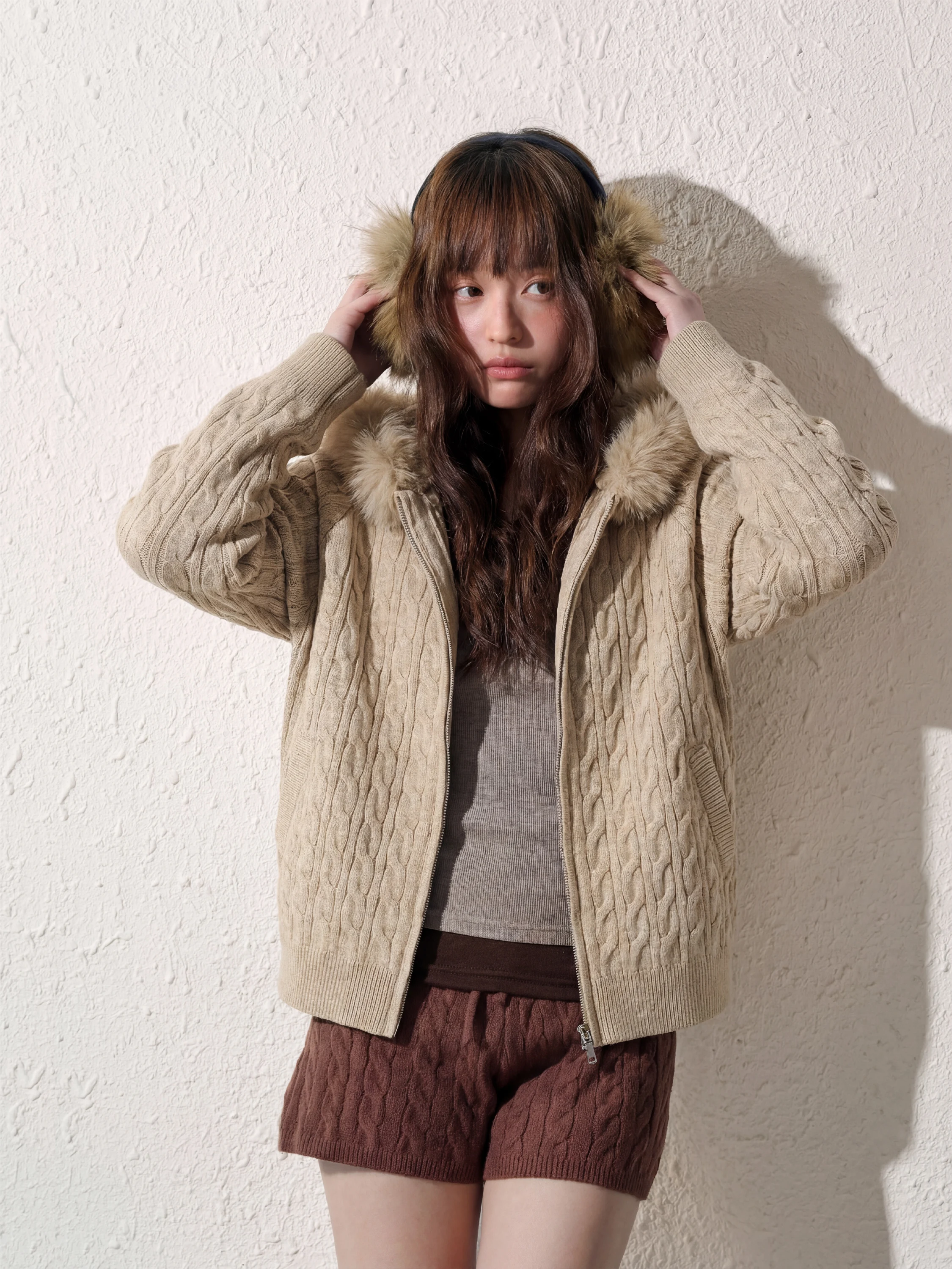 

Neotcg Spring Autumn Knitted Sweater Coat with Big Fur Collar Loose Fit Comfortable Lazy Sle Korean Faion Hooded Top