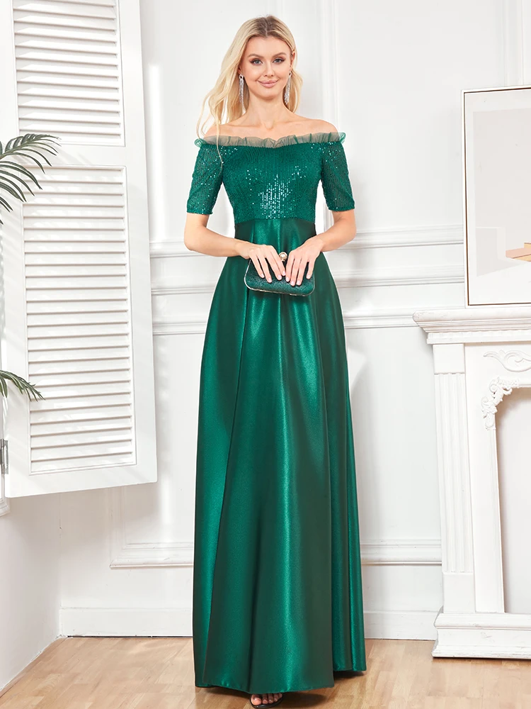 

Lucyinlove Luxury Green Satin V-Neck Evening Dress Women Satin Wedding Party Prom Floor Lenght Cocktail Dress Off-shoulder Gown