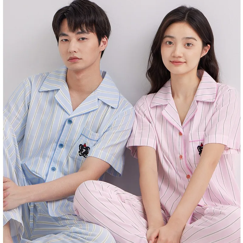 

Summer New Double-Layer Gauze 100% Cotton Pajamas Set Breathable Short-Sleeve Lapel Design with Trousers 2PCS for Couples