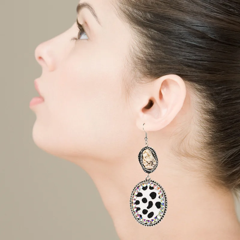 Wind source Exaggerated geometric irregular natural stone bag Diamond leopard pattern leather earrings Vintage earrings