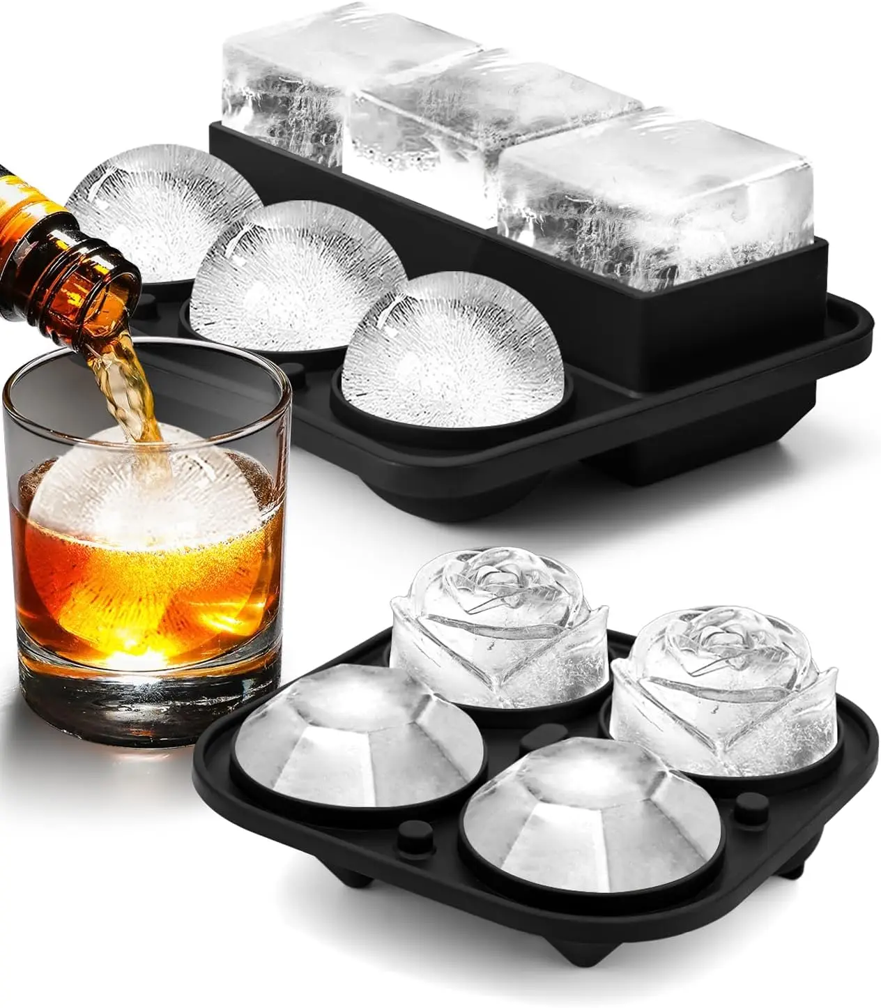 

Cube Tray with Lid, Silicone Ice Molds with Round, Square, Diamond, Rose, Large Ice Cube Mold for Whiskey, Bourbon, Cocktails, E