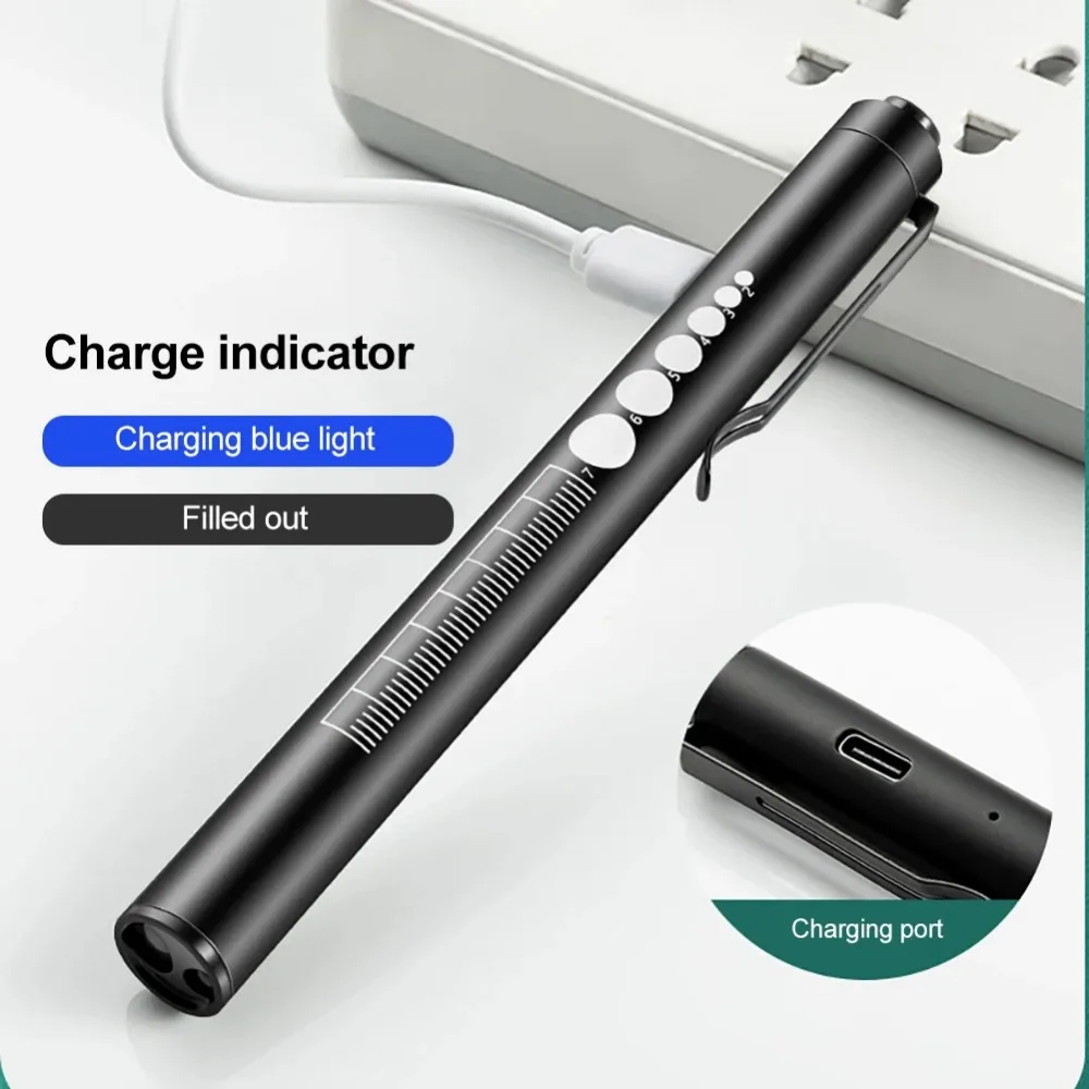 USB Rechargeable Portable Medical Penlight Emergency Flashlight Rechargeable 2 in 1 Pocket LED Pen Lights with Pupil Gauge